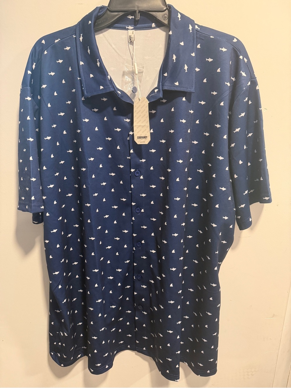 Men's Navy Short-Sleeve Button-Down Shirt with White Shark Print